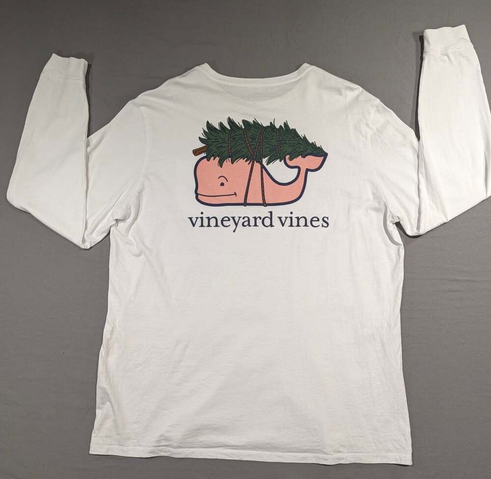 Vineyard Vines Whale And Tree Long Sleeve Pocket T-Shirt White Christmas Xmas